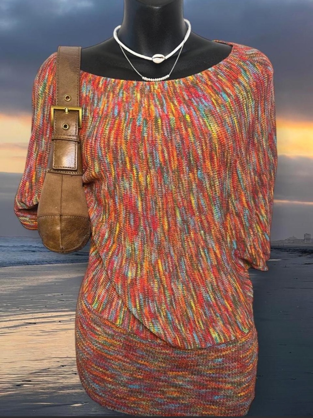 Multicolor Knit Boatneck Tunic Sweater